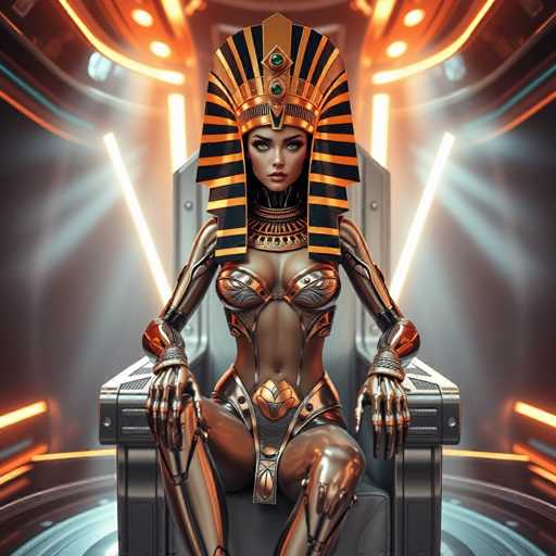 A woman is seated on a throne-like chair with gold and silver metallic arms and legs, wearing a golden headdress and a metallic bodysuit that appears to be made of metal or alloy. The background features orange lights and a large circular window, creating an otherworldly atmosphere.