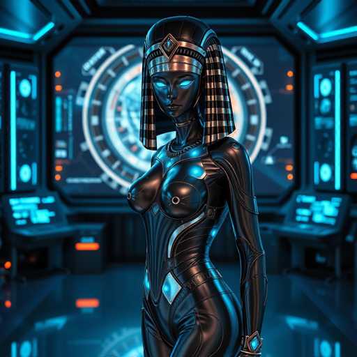 The image depicts a woman wearing a futuristic costume with a metallic sheen and a crown on her head. She is standing in front of a large screen that displays a circular pattern, suggesting the setting could be a spaceship or other advanced technological environment. The background features blue neon lights, further emphasizing the futuristic theme of the scene.