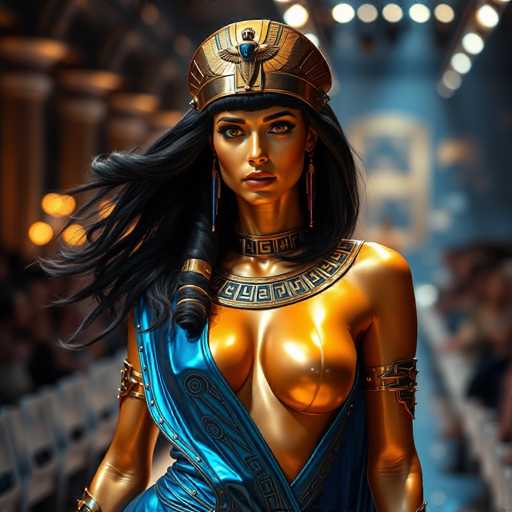 A woman with long dark hair is the main subject of this image. She is wearing a blue dress and a gold crown on her head. The background features a large archway that leads to an audience, suggesting she might be performing or participating in some sort of event.