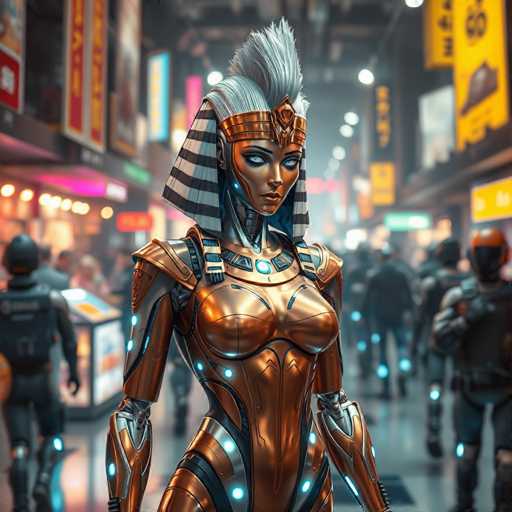 The image depicts a futuristic woman with a metallic body and wings, wearing a crown on her head and holding a sword in her right hand. The background shows a bustling city street filled with people walking along the sidewalk under bright lights from various shops and buildings.