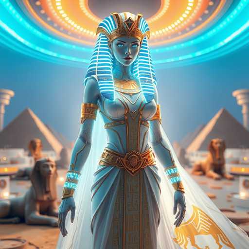 The image depicts a woman wearing a blue and gold dress with a large headdress on her head, standing in front of an Egyptian temple. The temple is surrounded by other structures, suggesting it may be part of a larger complex or monument.