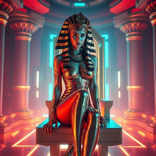 The image depicts a woman wearing a gold and black costume with a large headdress sitting on a throne-like chair within an ornate room. The room is illuminated by neon lights that cast a glow over the scene, creating a futuristic atmosphere.