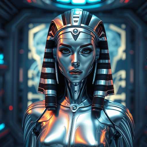 The image shows a close-up portrait of a woman with striking blue eyes and long hair styled in an elegant updo. She is wearing a silver bodysuit that features a large headdress adorned with a large circular emblem at the top. The background is dark and blurred, creating a sense of depth and drawing focus to the woman's face and attire.