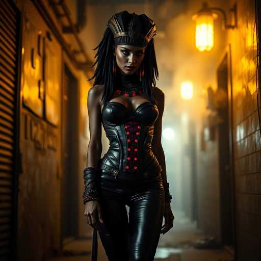 A woman with long dreadlocks and a black corset is walking down an alleyway at night. She carries a sword on her shoulder as she walks past a building with a yellow door and a window.