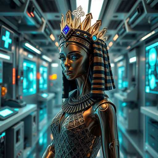 A bronze statue of a woman with a crown on her head and a blue and gold headdress is the central focus of this image. The statue appears to be standing against a backdrop of computer monitors and other technological equipment, suggesting that it might be in an office or a tech-related environment.