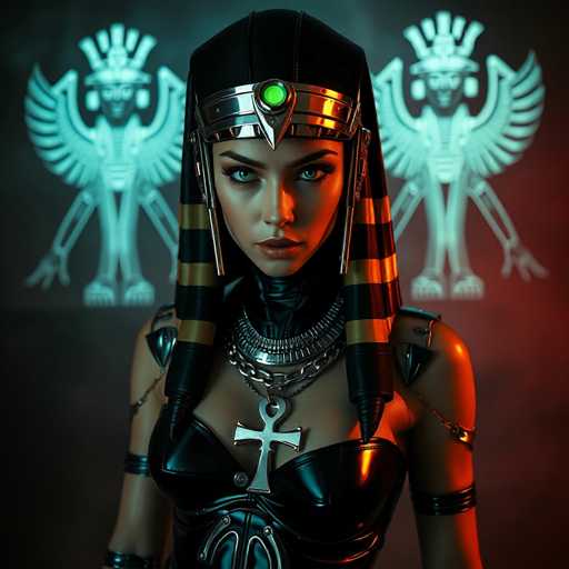 A woman with striking blue eyes and a radiant smile stands against a dark background adorned with two ancient Egyptian statues of pharaohs. The woman is wearing a black dress that contrasts with the red glow from above, which illuminates her face and accentuates her features. She holds a silver cross in her hand, adding to the regal atmosphere of the scene.
