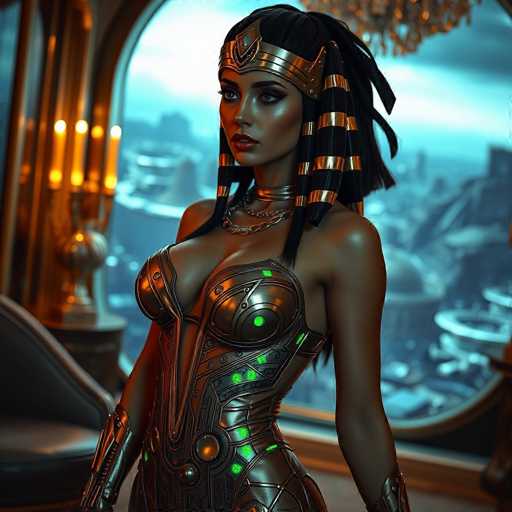 A woman with long black hair and a gold headdress stands in front of a large window that offers a view of the city skyline. She is wearing a metallic bodysuit with green lights on her chest and shoulders. The room has an ornate chandelier hanging from the ceiling, casting a warm glow over the scene.