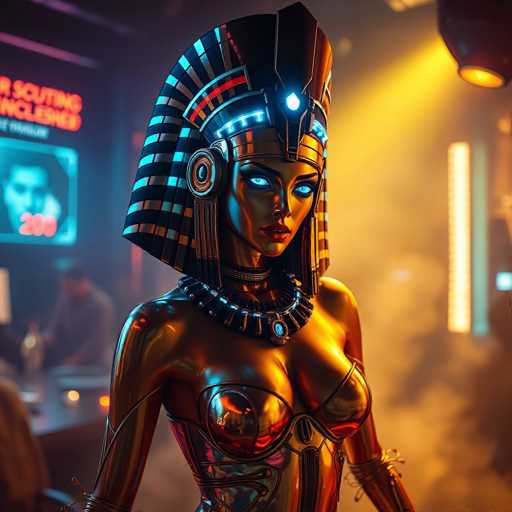 A woman is standing in front of a neon sign that reads "BOUTING". She is wearing a gold and black costume with a large headdress on her head. The background shows a dark room with a neon sign that says "200".