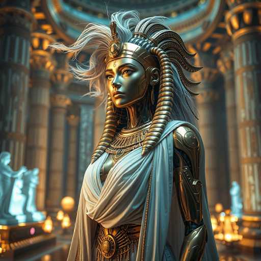 The image depicts a woman wearing a golden crown and robe, standing in front of a large column with intricate carvings. The background is dark and features several statues scattered throughout the scene.