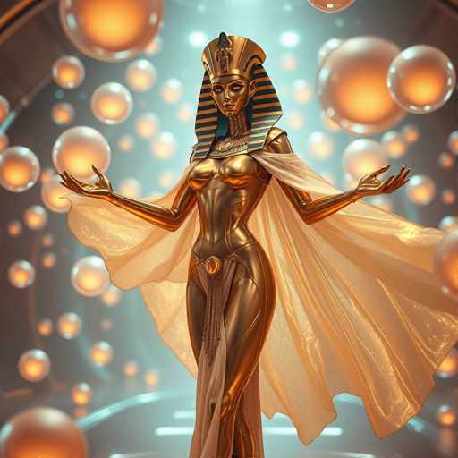 A woman with golden hair and a golden headdress stands in front of a circular pattern of orange and white spheres against a dark blue background.