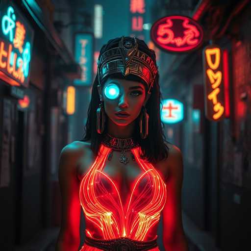A woman stands in an alleyway at night, illuminated by neon signs and wearing a red dress with a gold chain necklace and earrings.