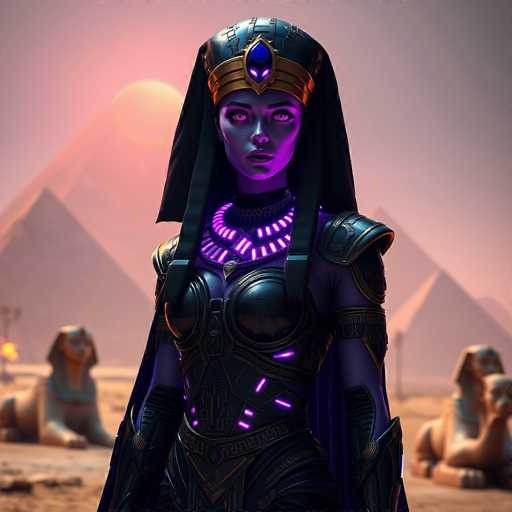 A woman dressed as a queen stands in front of two ancient Egyptian statues on the banks of the Nile River. The woman wears a purple dress and a crown with a blue gemstone at the top. The statues are positioned behind her, one on each side. The sky above them is painted in shades of pinkish-orange, suggesting either sunrise or sunset.