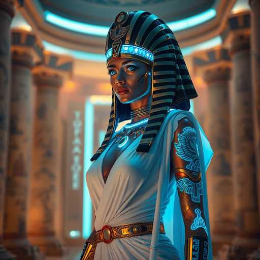 The image depicts a woman wearing a white dress and a gold headdress with blue accents, standing in front of columns that appear to be part of an ancient temple or palace. The woman is positioned centrally within the frame, facing towards the right side of the image.