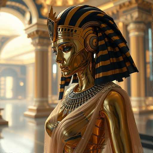 The image shows a statue of a woman with a golden headdress and robe, standing against the backdrop of an ornate room with columns and arches. The statue is positioned on the left side of the frame, facing towards the right.