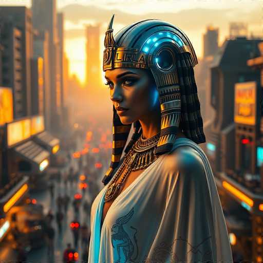The image depicts a woman wearing an ancient Egyptian headdress and robe standing on a busy city street at sunset. The woman is positioned centrally in the frame, with buildings visible behind her. The sky above is filled with orange and yellow hues, creating a warm glow over the scene.