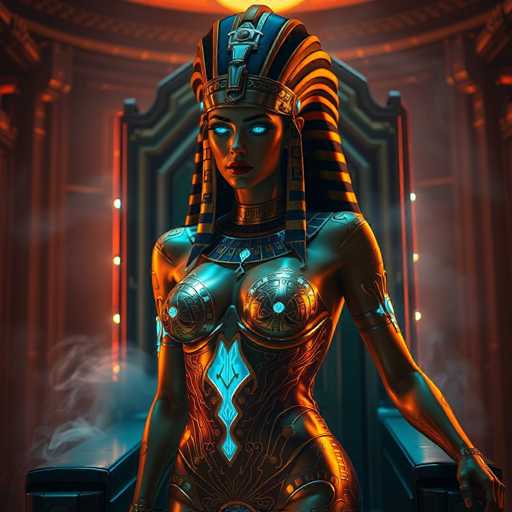 The image depicts a woman wearing a gold and blue dress with intricate designs, standing in front of a throne-like structure. The woman is positioned on the left side of the frame, facing towards the right. She has her hair styled in an elegant updo and is adorned with a crown on her head. The background features a dark purple hue, which contrasts with the gold and blue elements of the dress and the woman's hair.