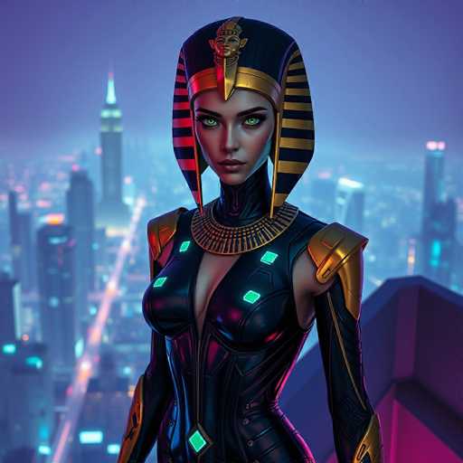 The image depicts a woman wearing a black and gold costume with a large headdress on her head. She is standing on the edge of a rooftop, overlooking a cityscape at night. The city lights illuminate the scene below, creating a contrast between the dark sky above and the bright urban environment below.