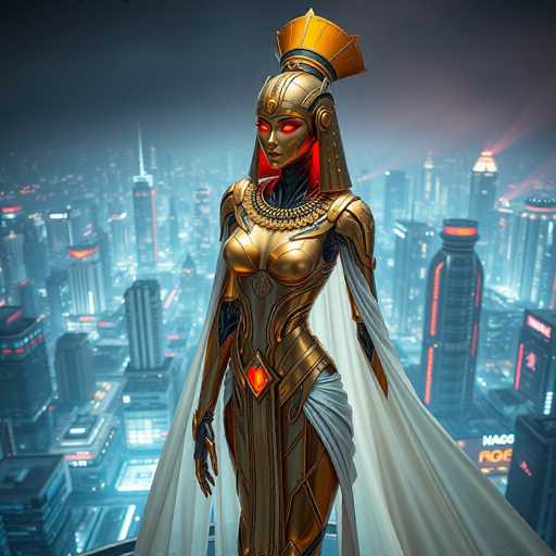 A woman with red hair and a golden headdress stands on top of a skyscraper in an urban city at night. She is wearing a gold armor suit that includes a helmet with a golden visor and a necklace made of gold and red jewels. The cityscape behind her features tall buildings illuminated by bright lights, creating a contrast between the dark sky above and the vibrant city below.