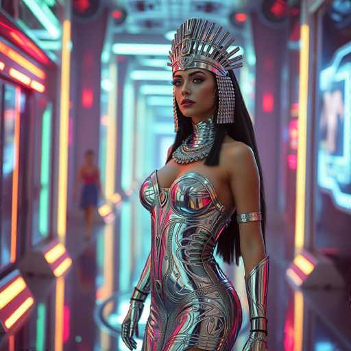 A woman is standing in front of a neon-lit hallway with a futuristic design and a metallic sheen that reflects the surrounding lights. She is wearing a silver dress adorned with intricate designs and a crown on her head. The background features a series of colorful lights and a blurred figure walking past, creating an atmosphere of mystery and intrigue.
