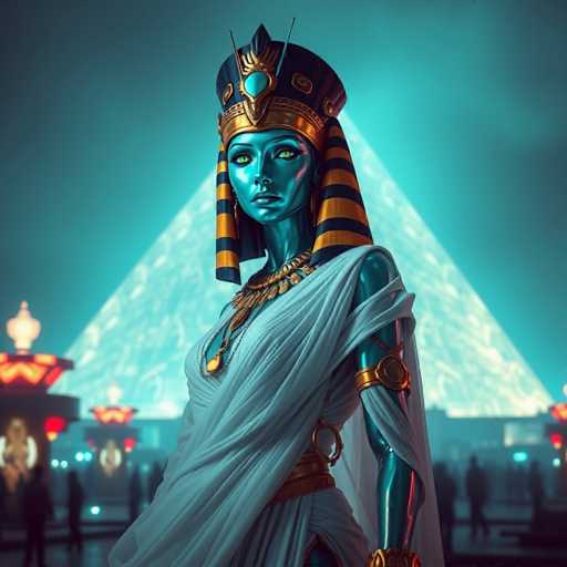 The image depicts a woman wearing a blue and gold headdress with a golden crown on her head, standing in front of the Great Pyramid of Giza at night. The pyramid is illuminated by red lights, creating a striking contrast against the dark sky.
