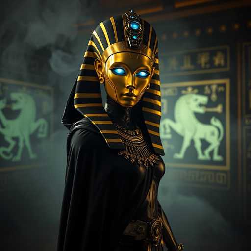 The image depicts an Egyptian goddess figure wearing a gold headdress and robe with blue jewels, standing against a dark background that includes a wall adorned with hieroglyphics and a green horse in the foreground.