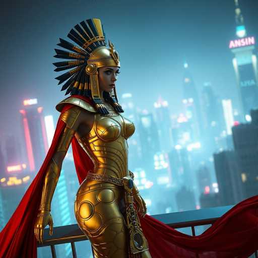 A woman dressed as Cleopatra stands on a balcony overlooking a cityscape at night. She is wearing a golden outfit with a red cape and a headdress adorned with feathers. The city below her is illuminated by bright lights, creating a contrast between the dark sky above and the vibrant city below.