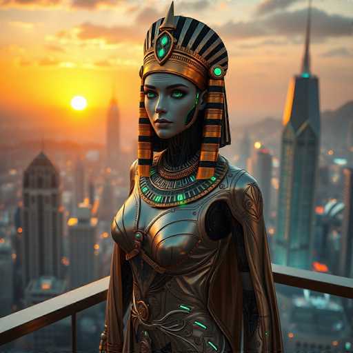 A woman is standing on a balcony at sunset, wearing a golden headdress and a metallic bodysuit with green accents. The city skyline forms the backdrop of the image.