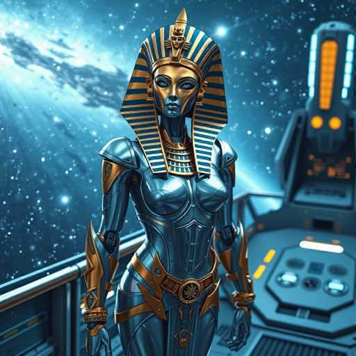 The image depicts a woman with blue skin and gold accents standing on the deck of a spaceship. She is wearing a golden crown and a golden headdress that features a skull design. The background shows a view of stars and planets, suggesting the scene takes place in outer space.