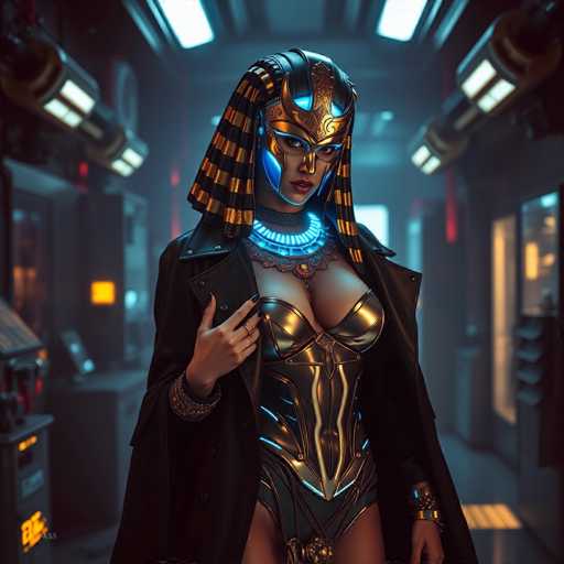 A woman is standing in a dimly lit room with blue lights illuminating the space around her. She is wearing a gold and black outfit that includes a corset and a headdress adorned with blue jewels. The woman's face is partially obscured by a mask, adding an air of mystery to her appearance.