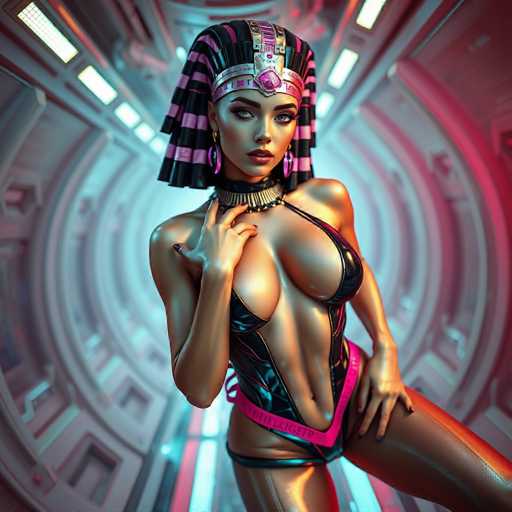 The image depicts a woman with a striking appearance. She is wearing a black and pink outfit that includes a headpiece adorned with a large feather. The background of the image features a futuristic setting with a curved wall and a glowing light at the top left corner.