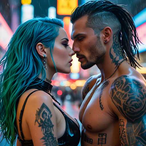 A man with long hair and tattoos on his arms is kissing a woman with blue hair and tattoos on her neck and shoulders. They are standing under neon lights that illuminate the city street around them.