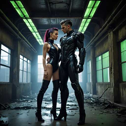 A man and woman stand in a dilapidated industrial setting with green pipes running along the ceiling and walls. The man wears a black bodysuit while the woman is dressed in a black leather outfit. They are positioned against a backdrop of broken windows and debris on the floor, suggesting an abandoned or neglected space.