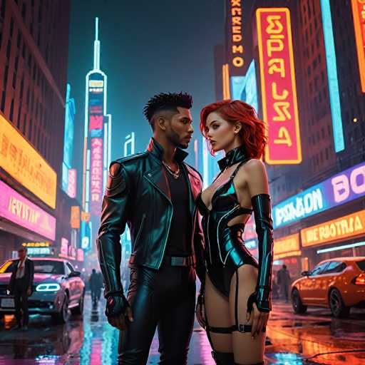 The image depicts two individuals standing on a city street at night. The person on the left is wearing a black leather jacket and has their back turned towards the camera. On the right side of the frame, there's another individual who appears to be a woman dressed in a revealing outfit that includes a tight-fitting bodysuit. Both people are facing each other, creating an interesting visual dynamic between them. The background is filled with neon signs from various businesses and restaurants lining the street, contributing to the urban atmosphere of the scene.