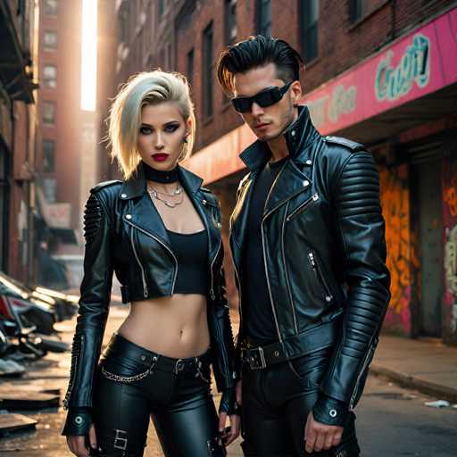 A young couple is standing on a city street at sunset. The man is wearing a black leather jacket and sunglasses, while the woman has blonde hair and is dressed in a black leather outfit with a necklace around her neck. They are positioned against a backdrop of buildings and cars, suggesting an urban setting.