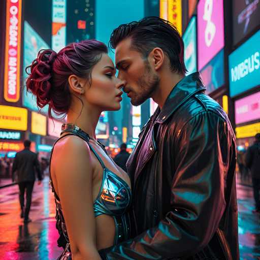 A couple is sharing an intimate moment on a busy city street at night. The man wears a black leather jacket and the woman has long dark hair styled in a high ponytail. They are standing close together with their lips almost touching as they gaze into each other's eyes.