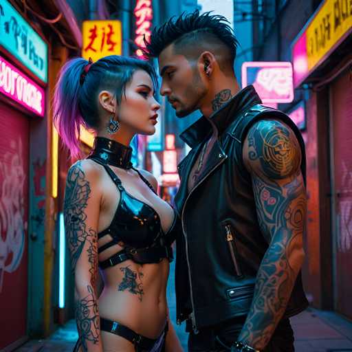 A couple standing on a city street at night with neon signs and graffiti in the background. The woman has blue hair and tattoos, while the man is wearing a leather jacket and has tattoos on his arms.