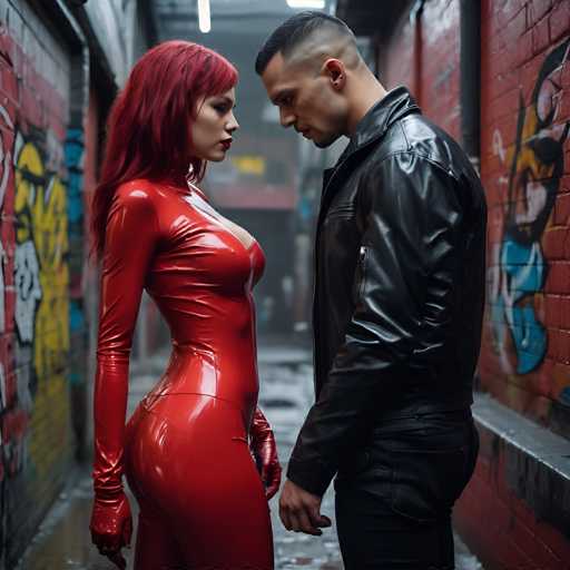 A woman wearing a red latex outfit stands on the left side of the frame with her arms crossed and a serious expression on her face as she looks at a man standing next to her on the right side of the image. The background features a brick wall adorned with graffiti, adding an urban feel to the scene.