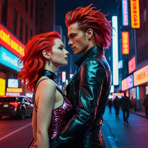 A couple embracing on a city street at night with neon signs and cars in the background.