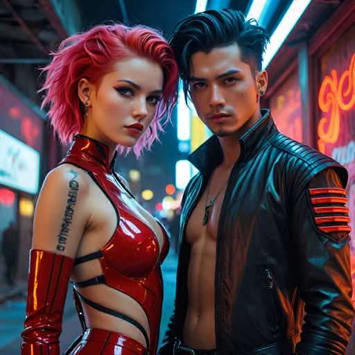 The image shows two individuals standing side by side on a city street at night. The person on the left is wearing a red outfit and has pink hair, while the person on the right is dressed in black with a leather jacket. They are positioned against a backdrop of neon lights that illuminate the scene.