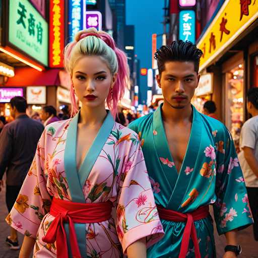 The image shows two individuals dressed in traditional Japanese kimonos walking down a busy street at night. The person on the left is wearing a pink and white floral kimono with a red sash around their waist, while the person on the right is wearing a green and blue floral kimono with a red sash as well. Both individuals are also wearing traditional Japanese attire, including obi belts and yukata (traditional Japanese clothing). The background of the image reveals that they are in an urban setting, possibly in Japan or another Asian country known for its rich cultural heritage.