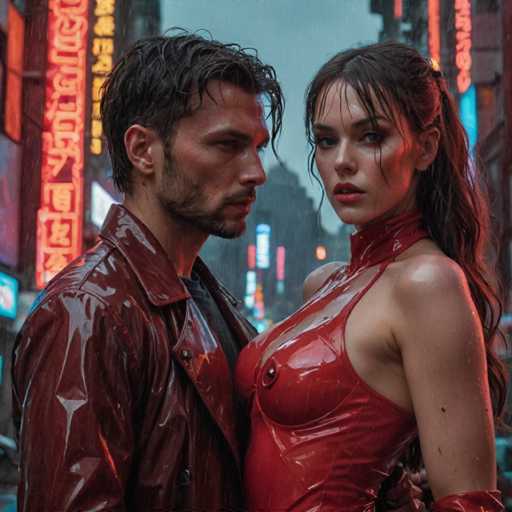 A man and woman standing together on a rainy street at night with neon signs in the background.
