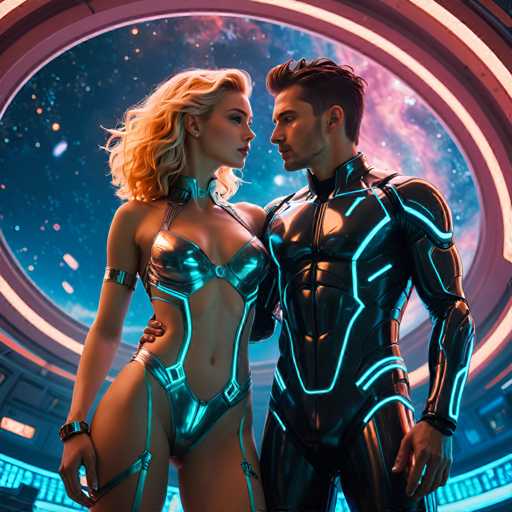 The image depicts two individuals standing side by side against a backdrop of a futuristic space station with a circular window and neon lights. The person on the left is wearing a silver bodysuit with a metallic design, while the individual on the right is dressed in a black suit with blue neon lights..