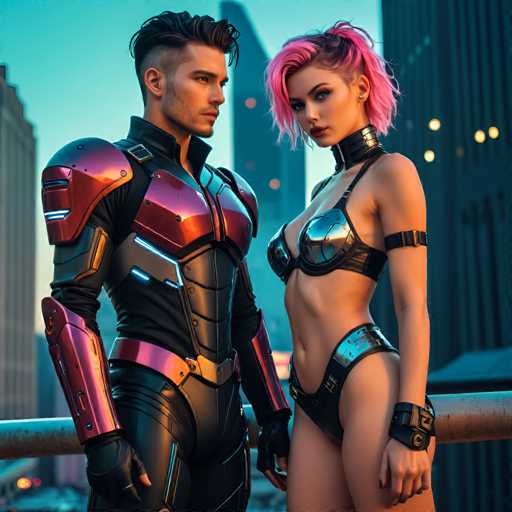 A man and woman dressed in futuristic costumes stand on a rooftop overlooking the city skyline at dusk. The man wears a red suit with silver accents, while the woman is adorned in a black bodysuit with silver accents.