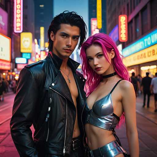 A man and woman stand on a city street at night, with the man wearing a black leather jacket and the woman wearing a silver metallic bra top and pink hair.