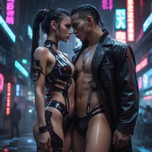 A couple dressed in black leather outfits stands on a wet street at night, with neon signs and buildings forming the backdrop of their intimate moment.