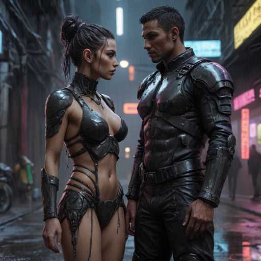 The image depicts two individuals standing on a wet street at night. The person on the left is wearing a black leather outfit and has their hair styled in an updo with a silver headband. On the right side of the frame, there's another individual dressed in a black leather outfit, also with their hair styled in an updo. Both individuals are facing each other, creating a sense of connection between them despite being separated by distance. The background features neon signs and buildings that add to the urban atmosphere of the scene.