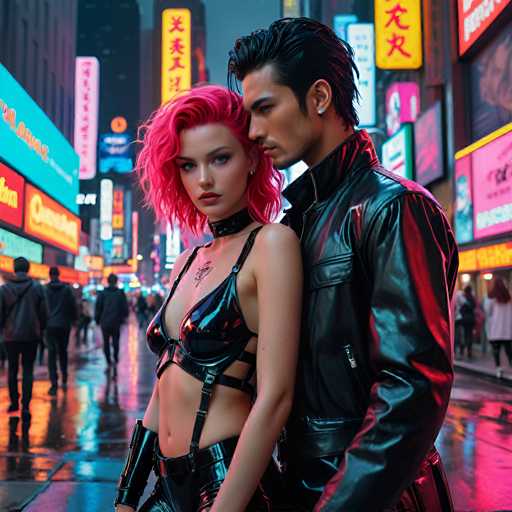 A woman with pink hair and a black leather jacket stands on a wet city street at night, looking directly at the camera with an expression of determination. A man wearing a black leather jacket is also present in the scene, standing next to her. The background features neon signs and buildings illuminated by bright lights, creating a vibrant and dynamic urban atmosphere.