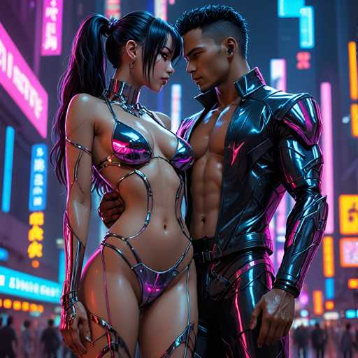 The image depicts a futuristic cityscape at night with neon lights illuminating the scene. In the foreground, there is a woman wearing a metallic bikini top and a man dressed in a black leather suit. The woman has her hair styled into a ponytail, while the man sports a mohawk hairstyle. They are standing close together, their bodies almost touching as they gaze at each other with an air of intimacy.