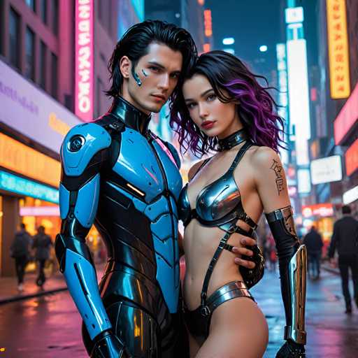 A man and woman standing on a city street at night with neon signs in the background. The man is wearing a blue bodysuit while the woman has purple hair and is dressed in black.