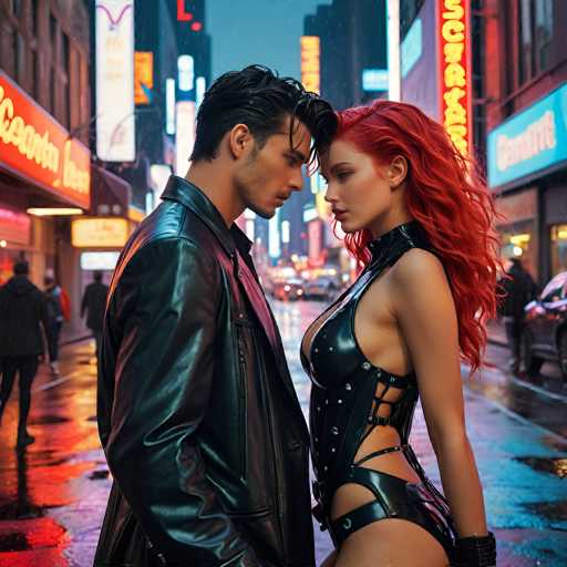 A couple dressed in black leather outfits stands on a wet city street at night, with the man wearing a black leather jacket and the woman wearing a black leather outfit that includes a corset and bodice. The background is filled with neon signs and buildings, creating an urban atmosphere.